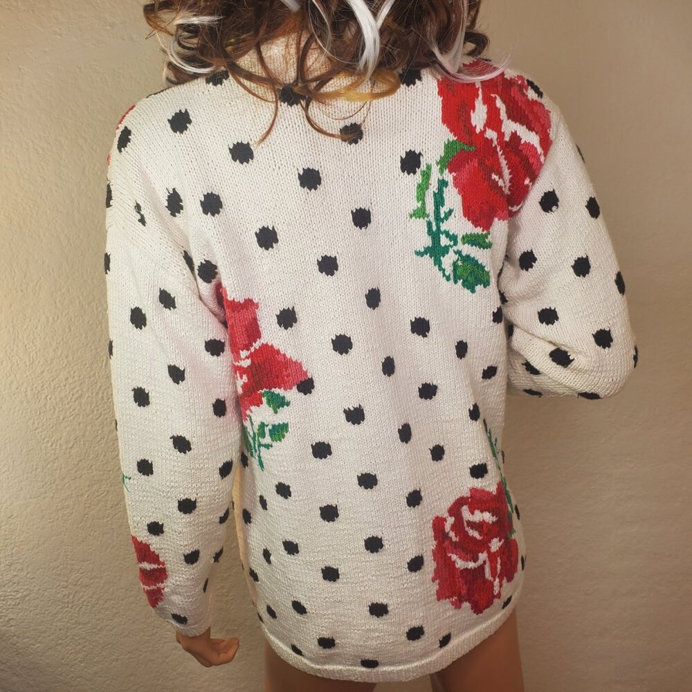 American Vintage Red Rose Polka Dot Print White Chunky Cardigan Grandma Cotton M - Picture 10 of 11